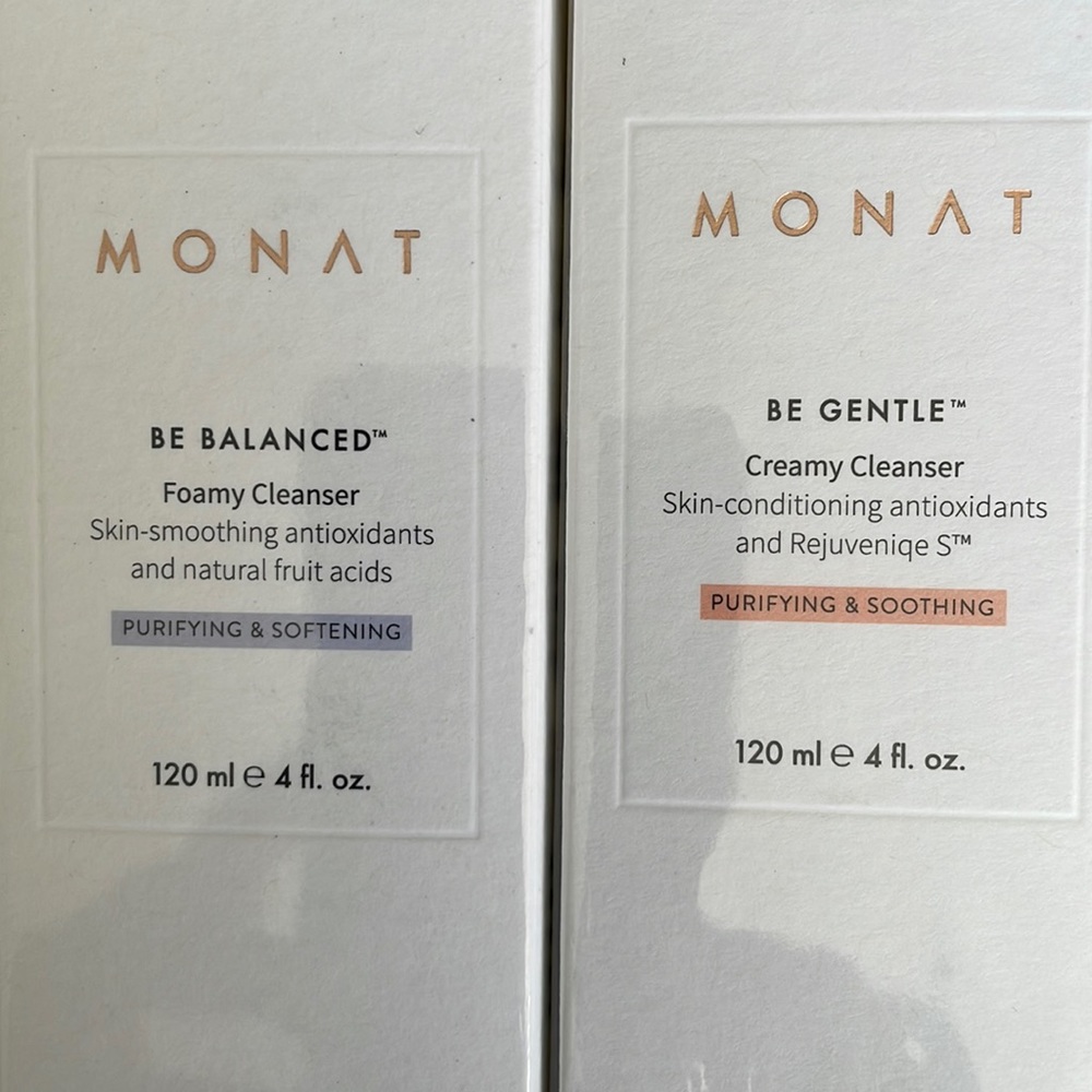 MONAT-Be Balanced Foamy & Be Gentle Creamy Cleanser. Sealed box, 4oz.